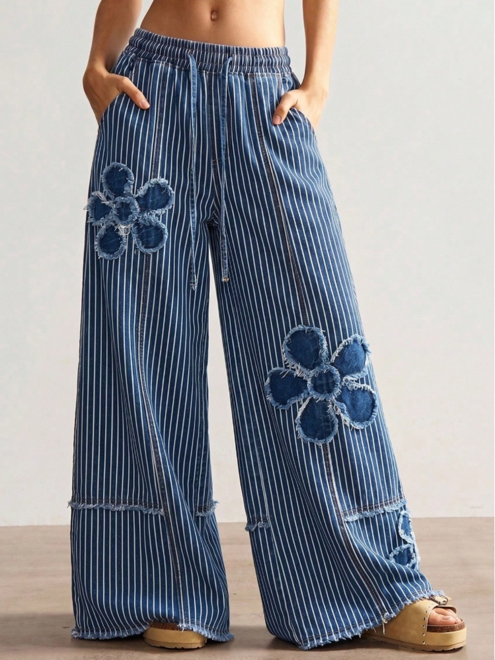 Boho Floral Patchwork Striped Print Wide Leg Denim pants - Picture 3 of 5